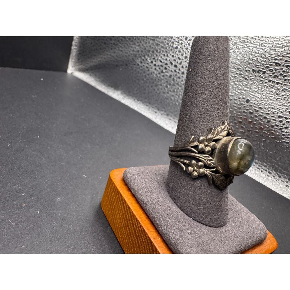 Vintage 925 Sterling Silver Labradorite Ring Art Nouveau Floral Leaf Band Sz 10 - Picture 2 of 9